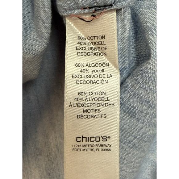 Chicos Women's Tunic Sz 2 L/12 Light Blue 3/4 Sleeves Embroidered Hem Feminine - Picture 11 of 15